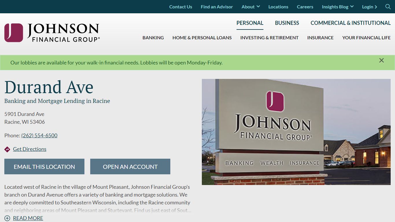 Banking and Lending in Racine, WI | Durand Ave - Johnson Financial Group